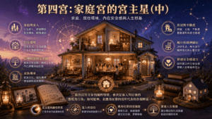 第四宮資訊圖。中央是一戶亮著燈的房子與家人圍桌聚餐,左側列出家庭與家人、居住環境、心理根源與安全感、家族傳承四項,右側列出房屋與不動產、晚年與精神歸宿、情感安全感建立三項,下方以四個步驟說明宮主星的屬性特質如何落入宮位、應用在第四宮議題、累積人生根基。