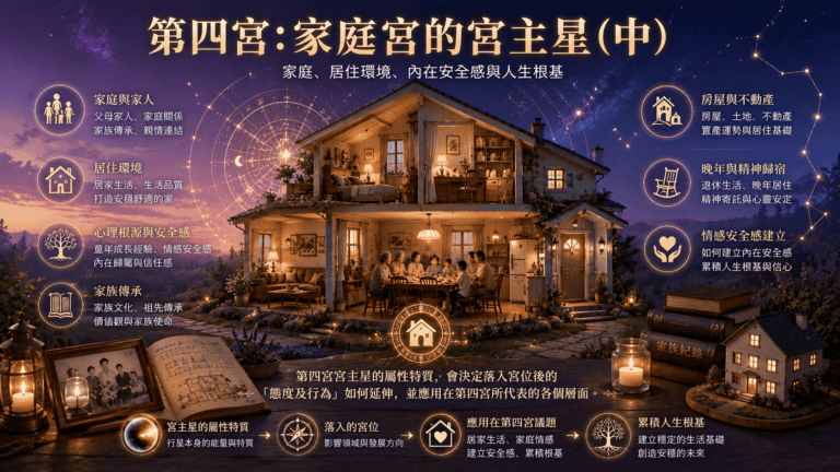 第四宮資訊圖。中央是一戶亮著燈的房子與家人圍桌聚餐,左側列出家庭與家人、居住環境、心理根源與安全感、家族傳承四項,右側列出房屋與不動產、晚年與精神歸宿、情感安全感建立三項,下方以四個步驟說明宮主星的屬性特質如何落入宮位、應用在第四宮議題、累積人生根基。