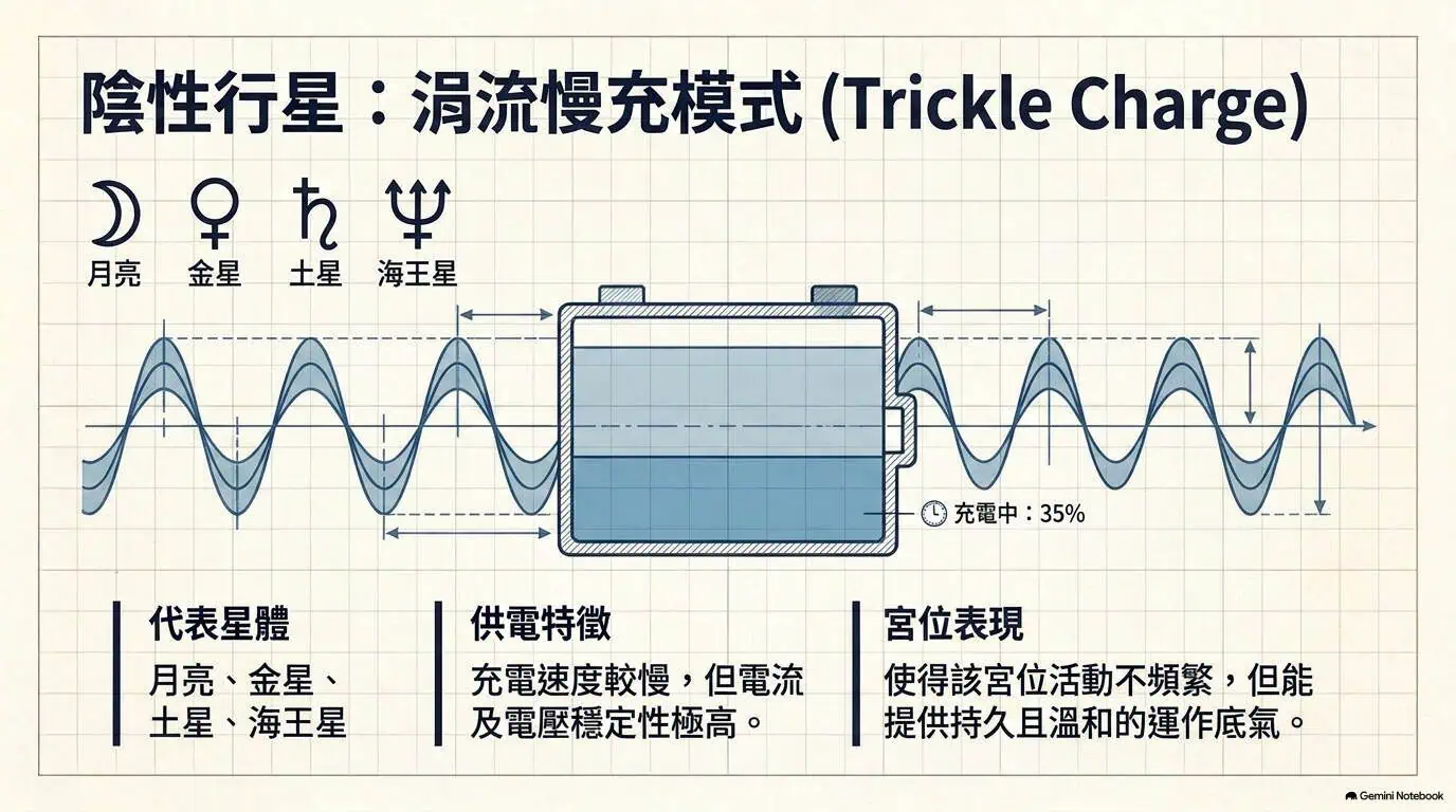 陰性行星的供電比喻：以穩定涓流呈現講義中的能量特性。