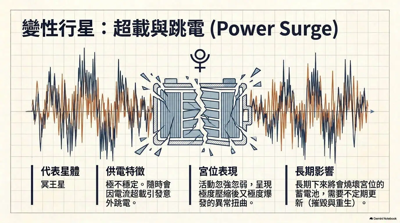 變性行星的供電比喻：以超載與跳電形象，辨認不同的能量表現。