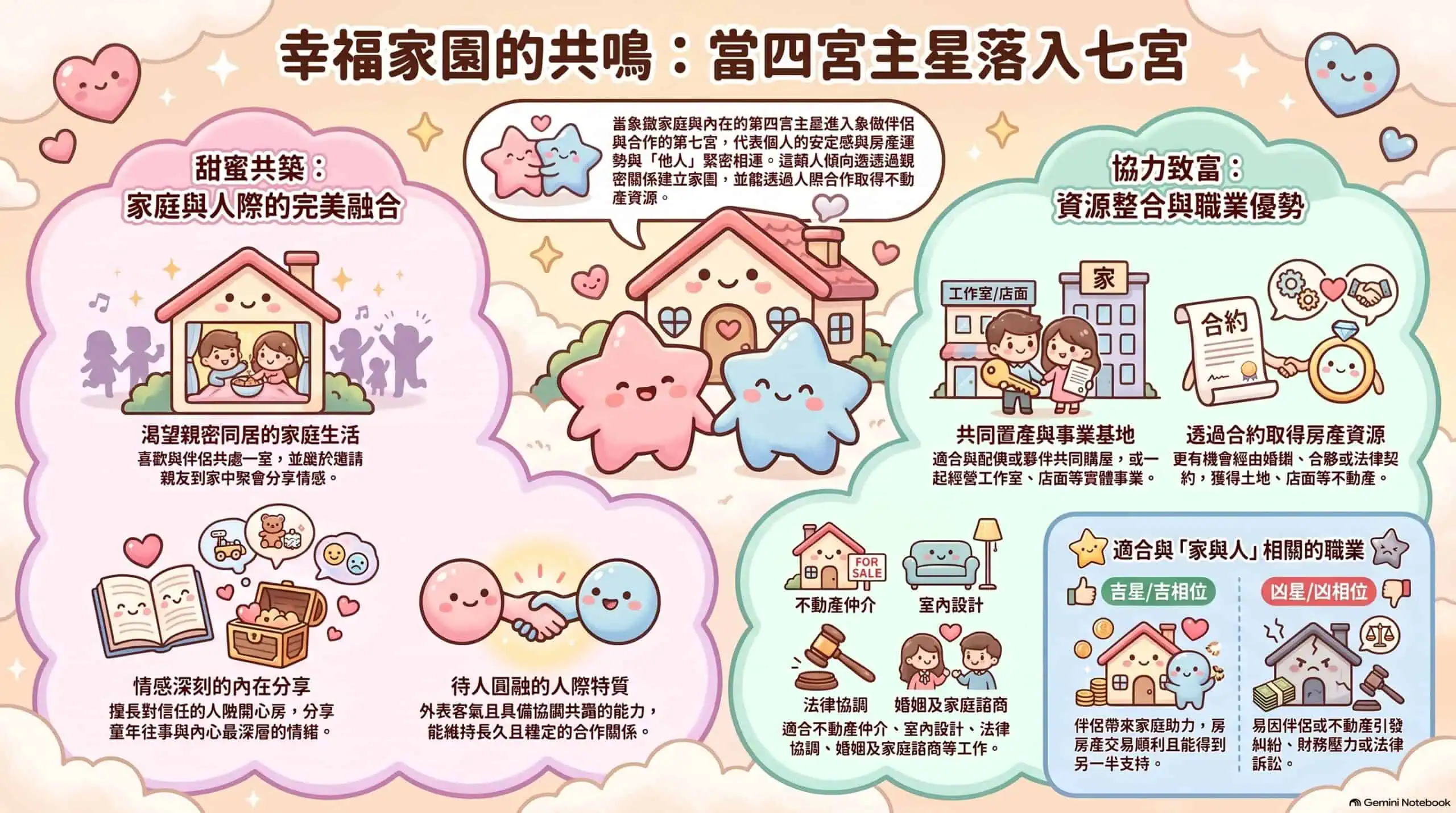 第四宮主落第七宮：從家庭根基與伴侶關係的連結，追問安全感如何展現。