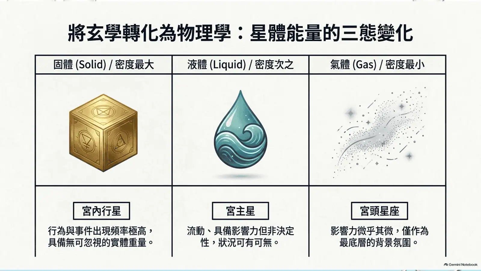 第二堂第39頁：以固體、液體、氣體為教學比喻，區分三種解盤資訊。