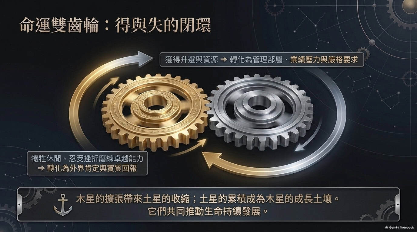 木星與土星兩枚相互推動的齒輪,象徵得與失的循環