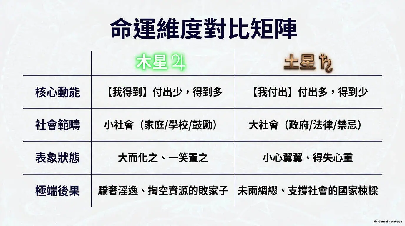 木星與土星的吉相位與凶相位比較矩陣