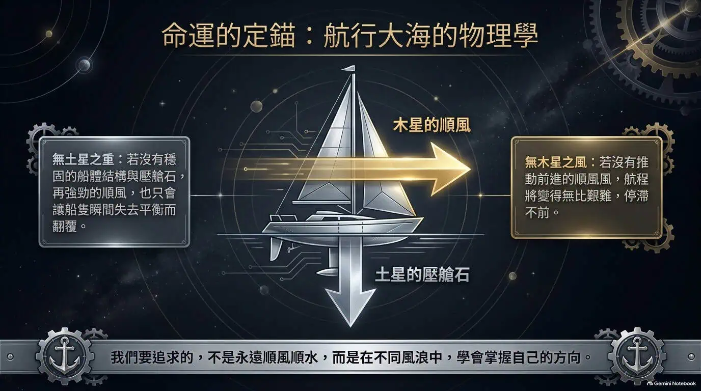 船帆的順風與船體壓艙石象徵木土力量的互補