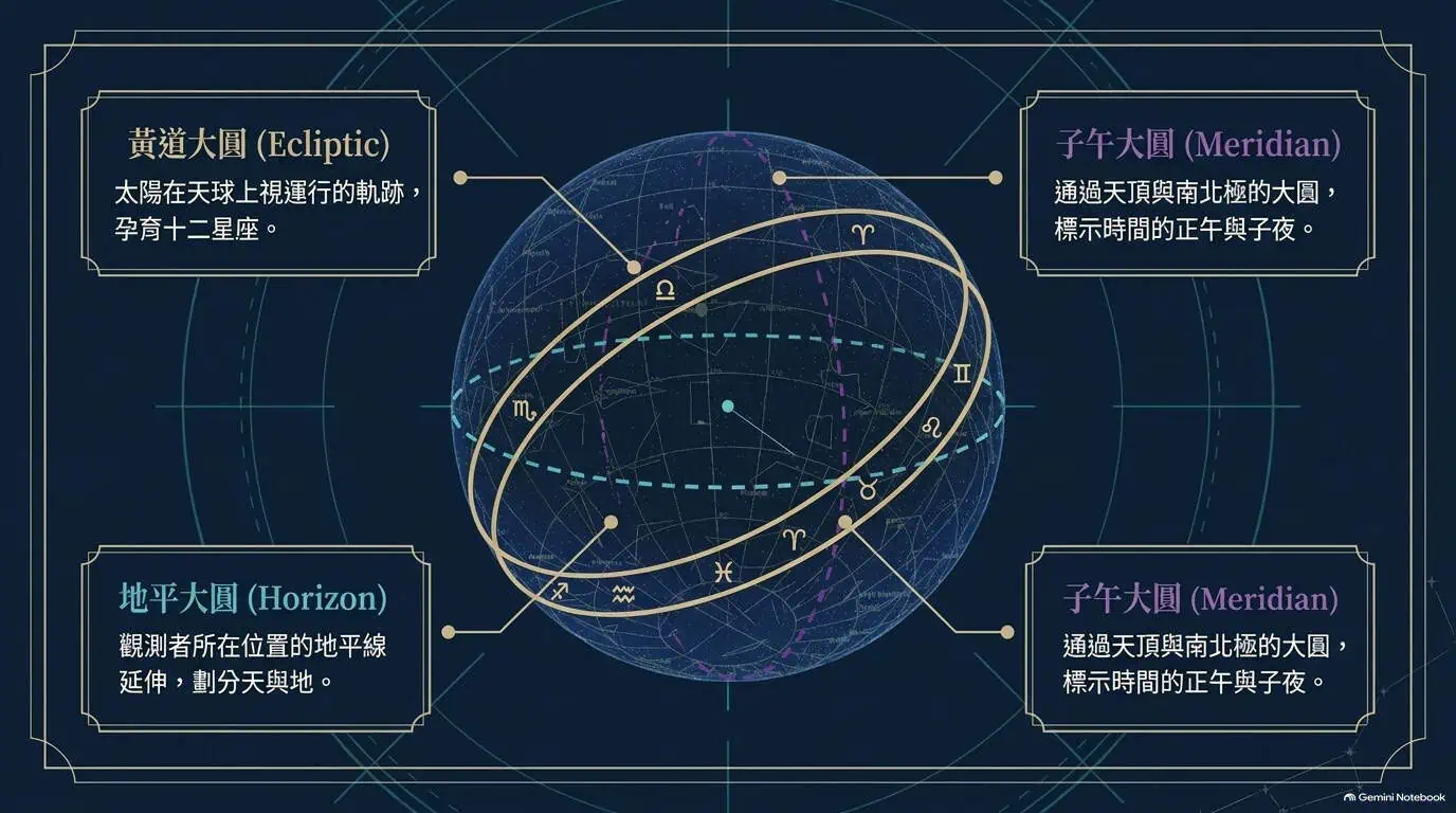 黃道大圓、地平大圓與子午大圓的天球座標示意