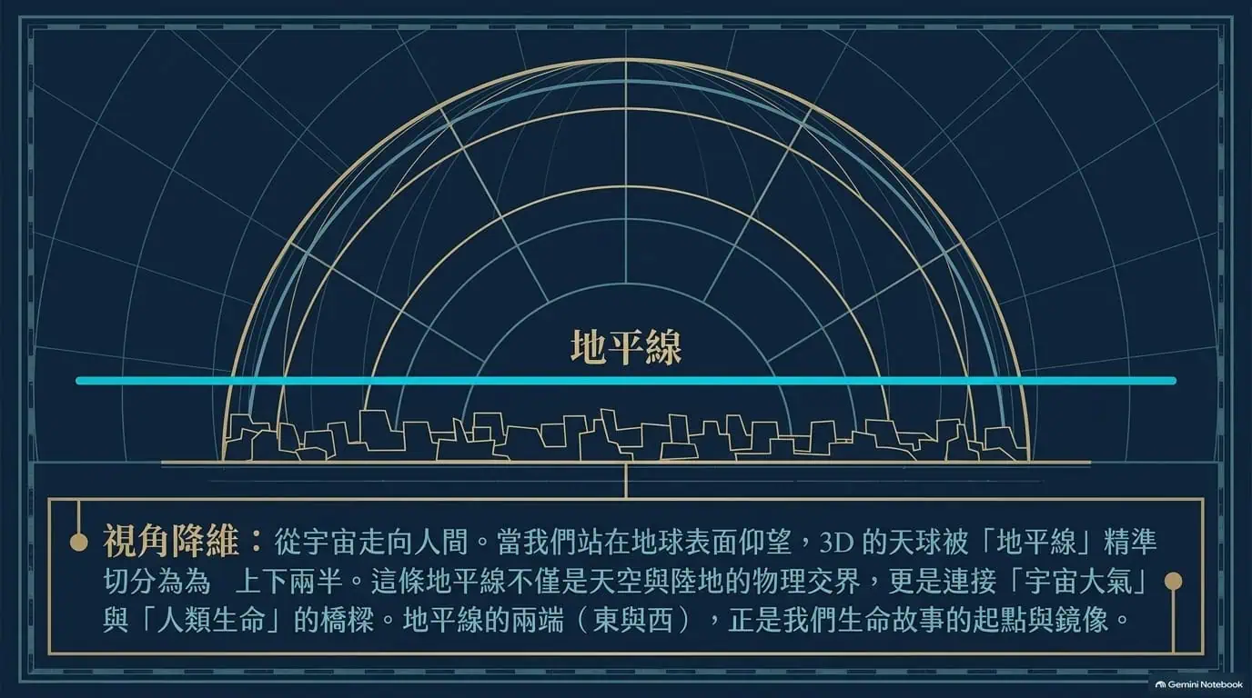 地平線的天與地交會象徵，從宇宙走向人間