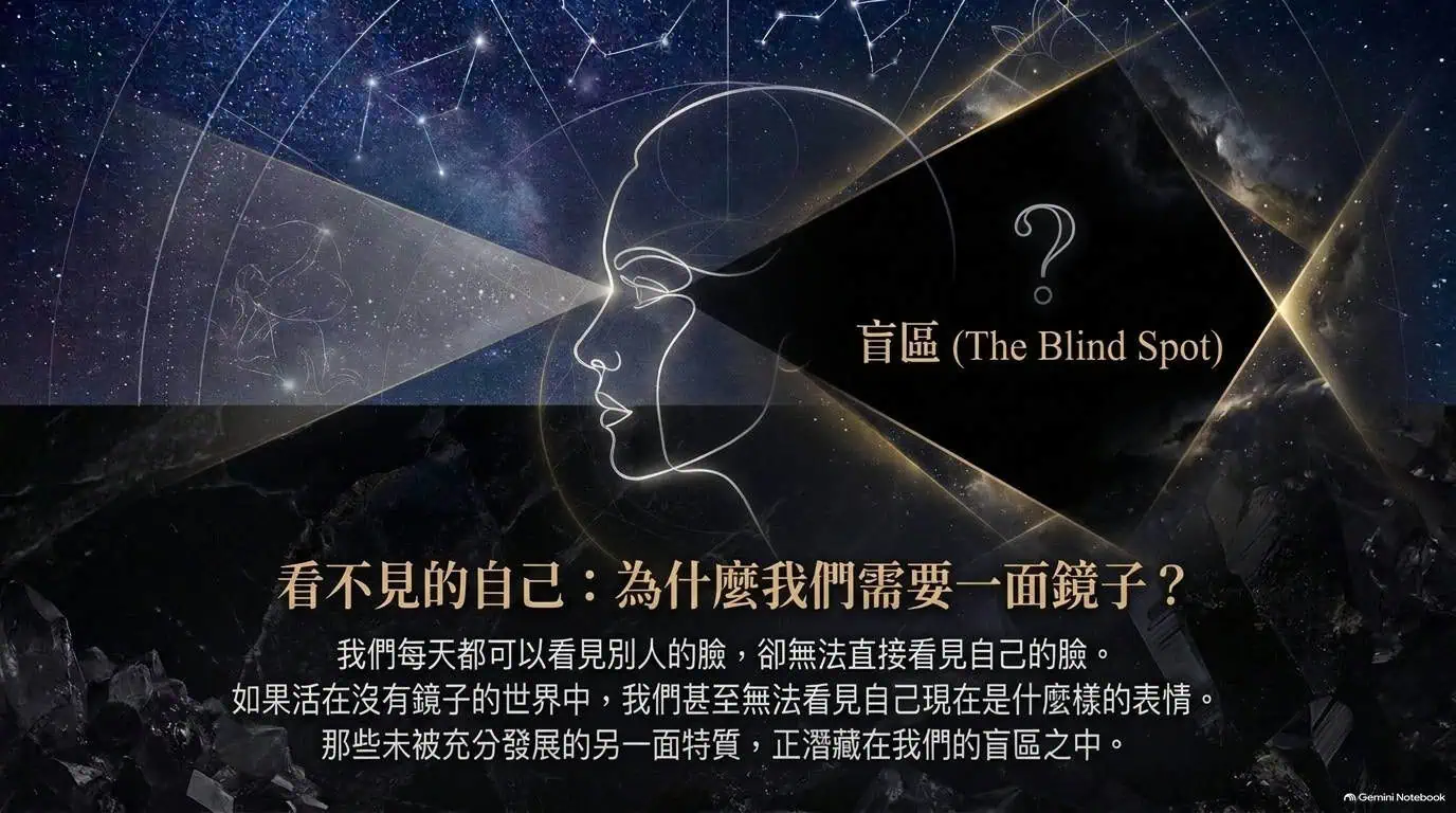人面輪廓與人格盲區之鏡子圖，象徵下降星座