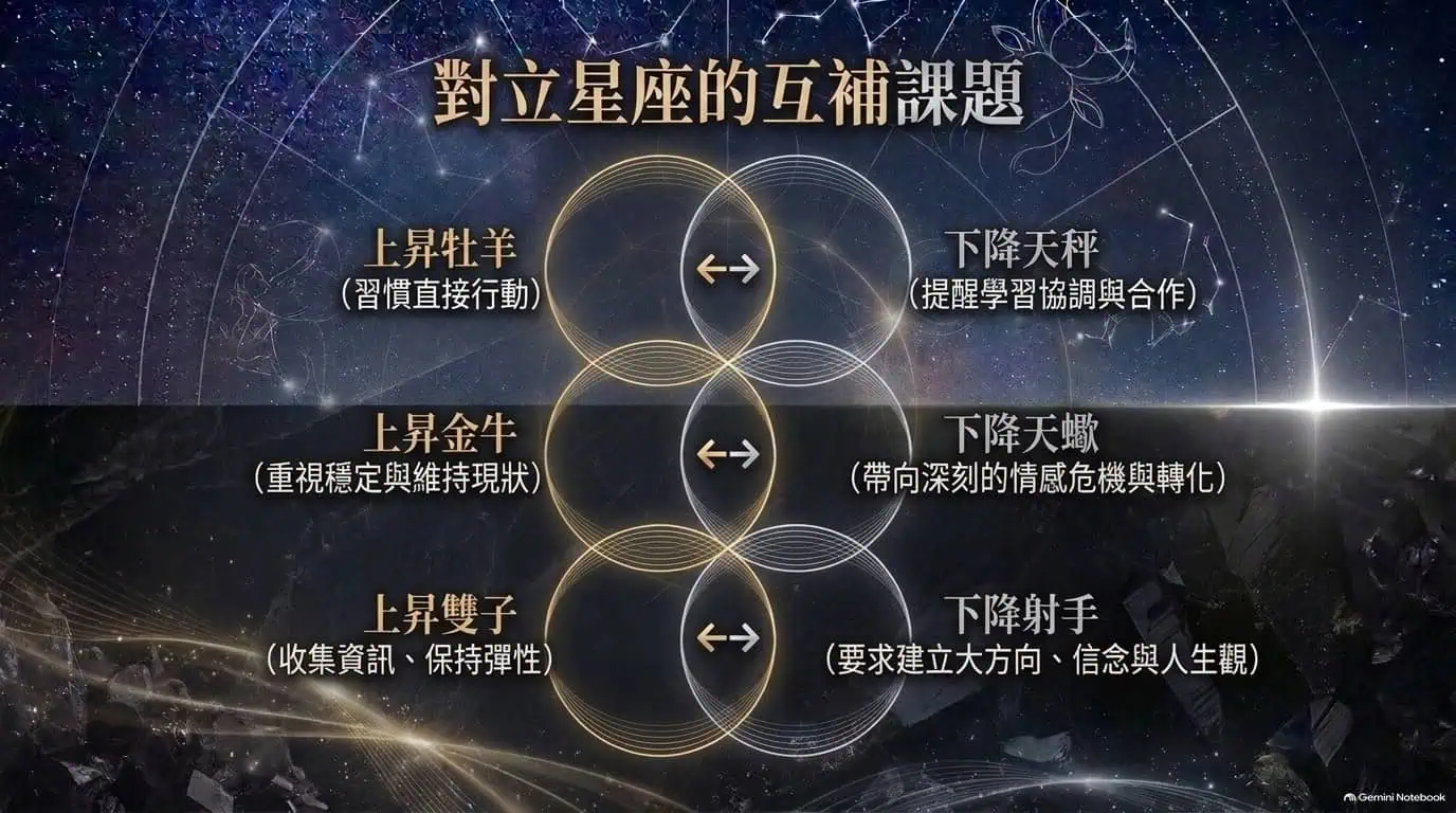 牡羊與天秤、金牛與天蠍、雙子與射手三組對宮互補示意