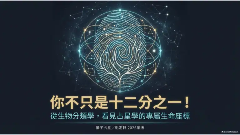 星空中以生命樹與指紋交織的圖像,標題為你不只是十二分之一,署名量子占星/彭定軒2026年版。