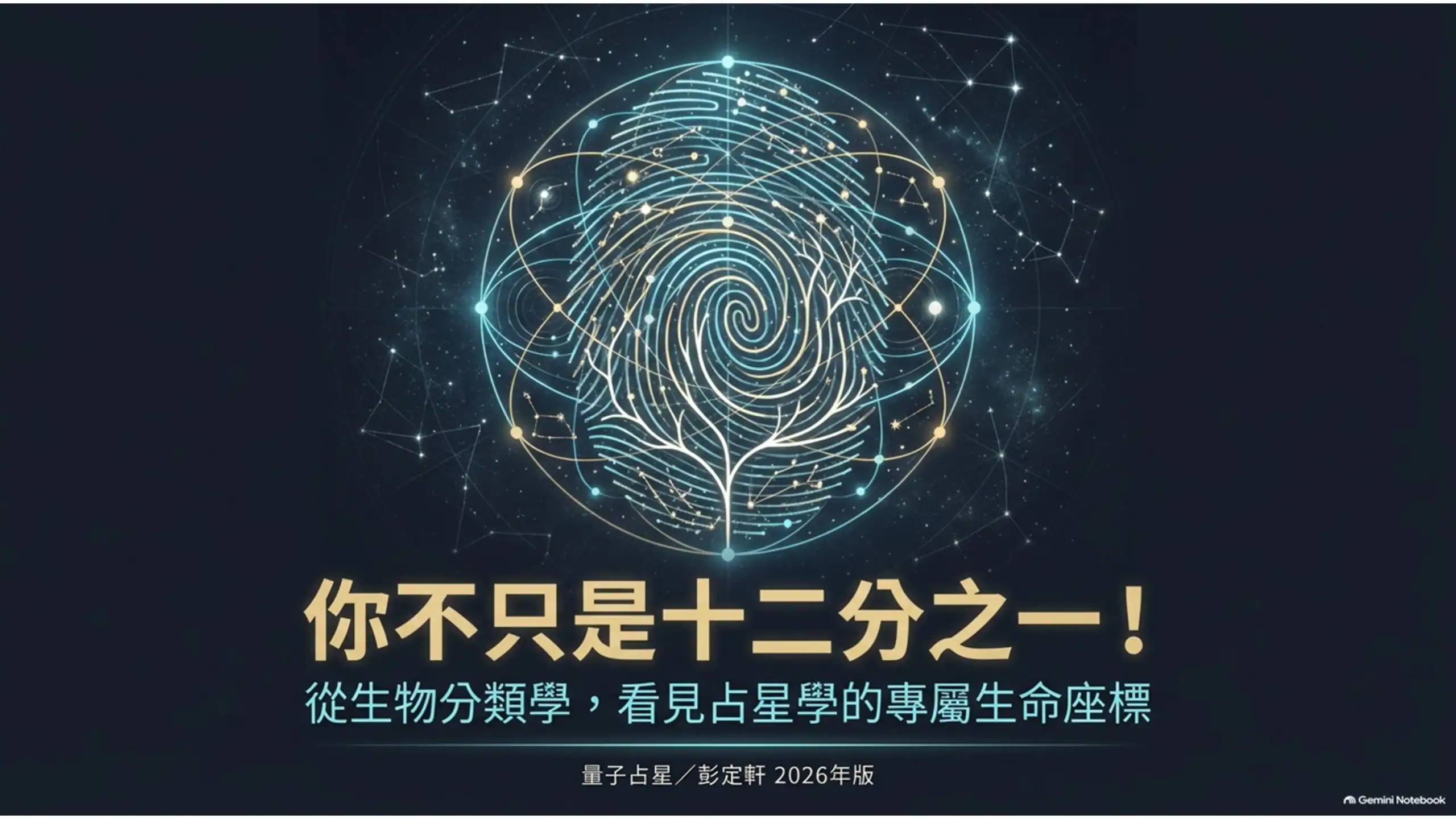 星空中以生命樹與指紋交織的圖像,標題為你不只是十二分之一,署名量子占星/彭定軒2026年版。