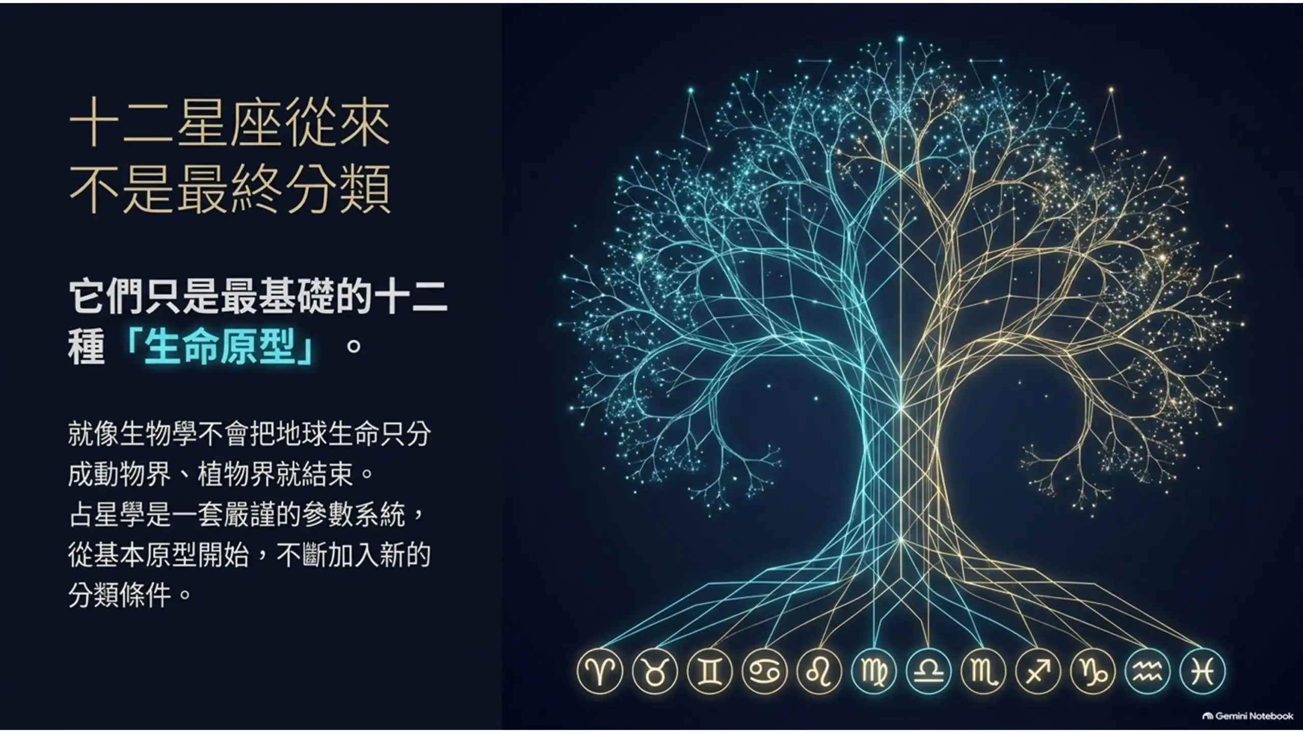 十二星座符號位於樹根，生命樹向上分岔，說明十二種生命原型是分類的起點。