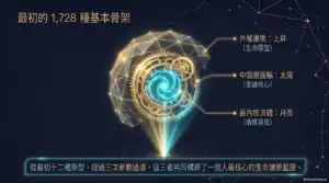 頭部輪廓內有三層發光結構,分別標示上昇、太陽、月亮,呈現基本生命架構。