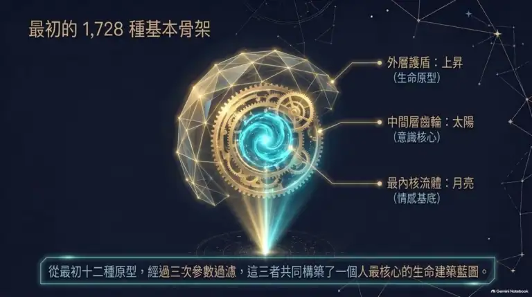頭部輪廓內有三層發光結構，分別標示上昇、太陽、月亮，呈現基本生命架構。