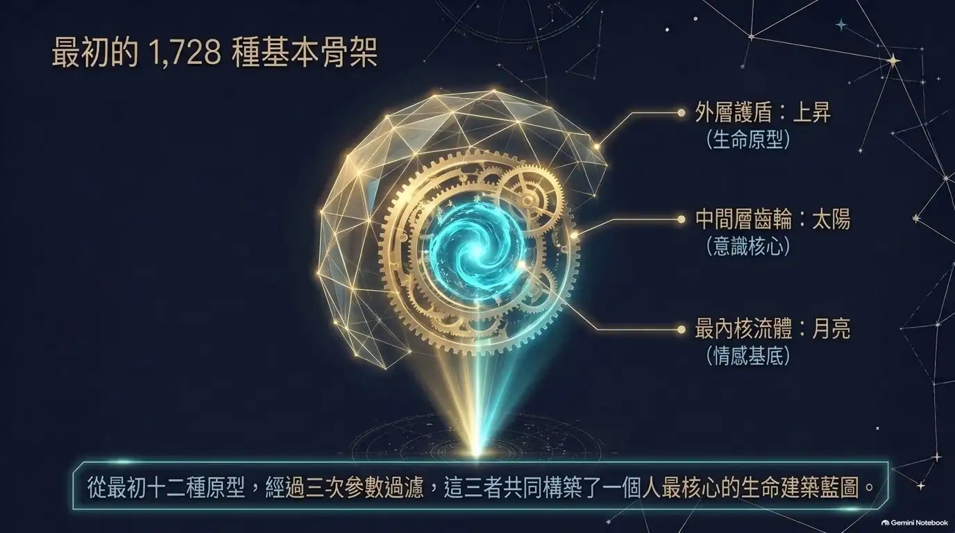 頭部輪廓內有三層發光結構,分別標示上昇、太陽、月亮,呈現基本生命架構。