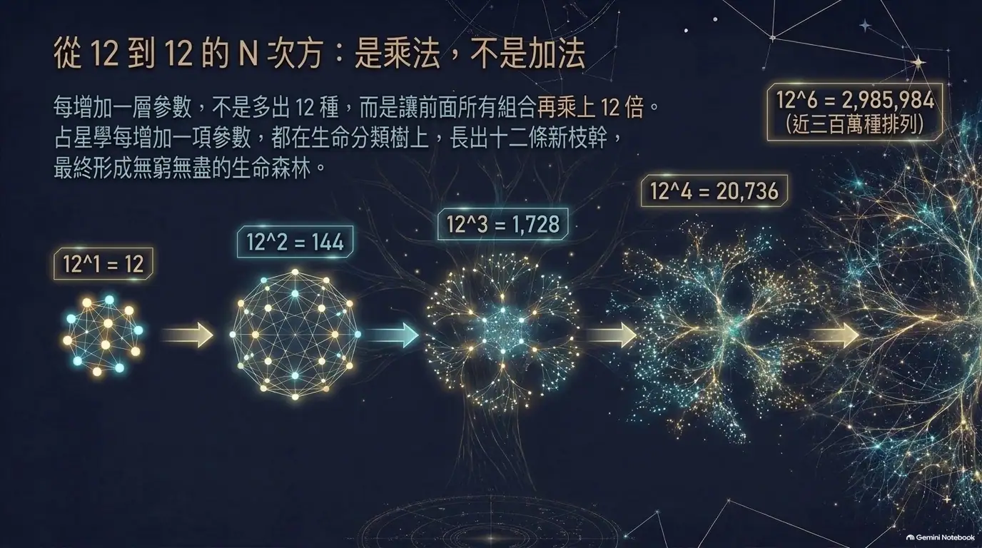 分類圖由少數節點逐漸分岔成生命森林,標示十二的一次方為12、平方144、立方1728、四次方20736、六次方2985984。