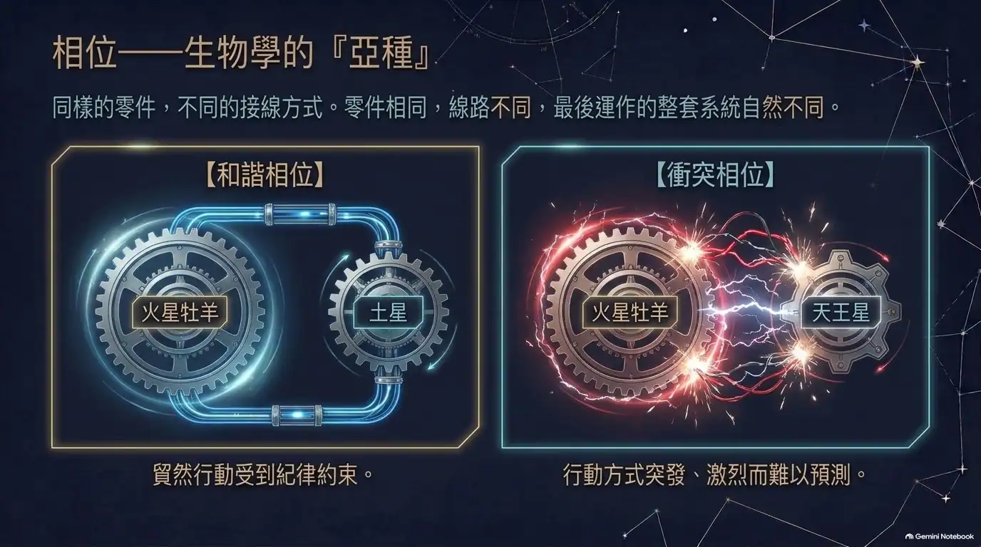 兩組齒輪對照:左側火星牡羊與土星平穩接合,右側火星牡羊與天王星之間出現閃電,示意不同的相位連結。