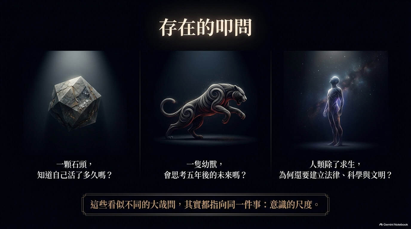 一顆石頭、一頭動物與一個人類，呈現三種存在與意識的尺度