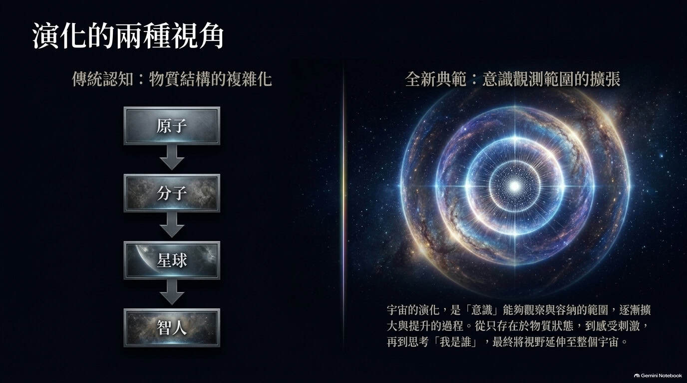 物質結構逐步複雜化與意識觀測範圍擴大的雙視角圖解