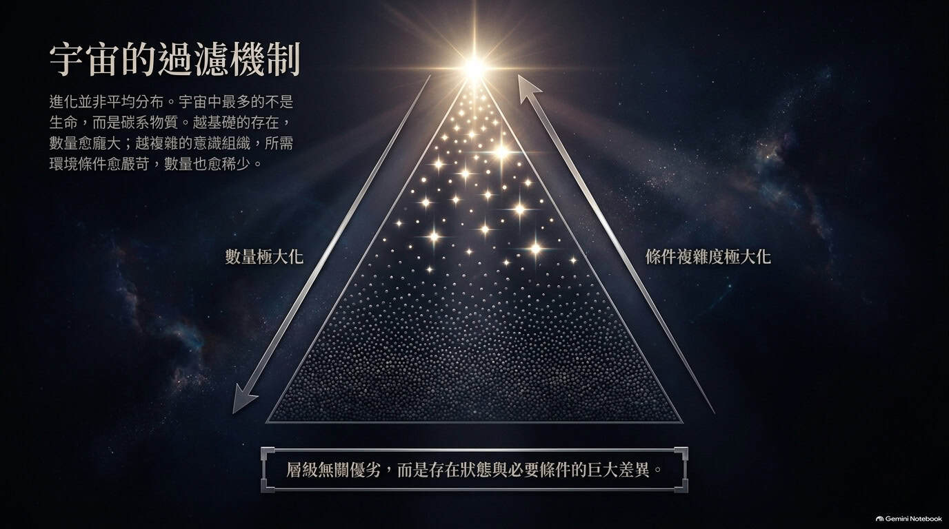 金字塔底部存在數量龐大，越往上條件愈嚴苛數量愈少