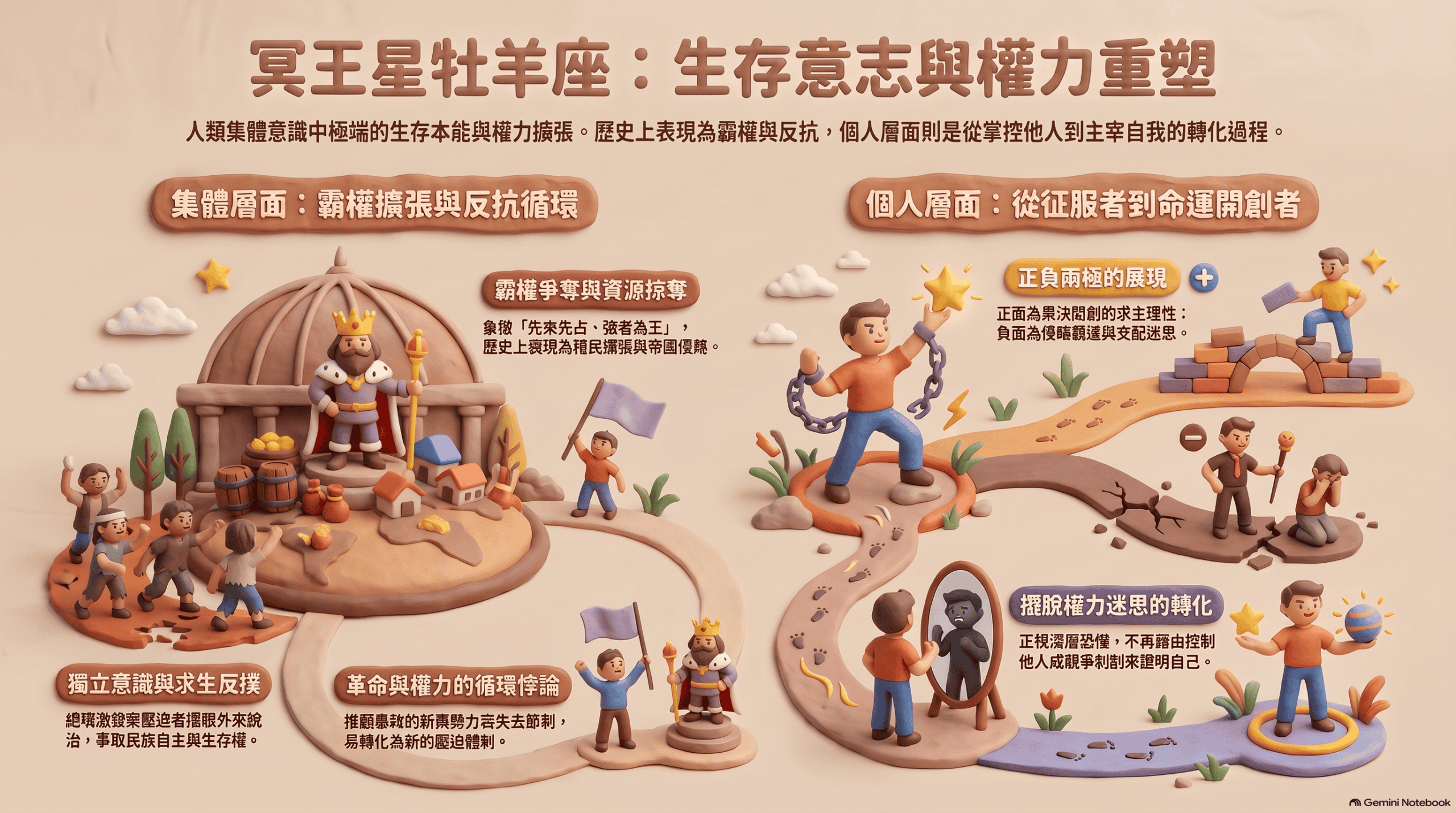 冥王星牡羊座：生存意志與權力重塑的黏土風圖解
