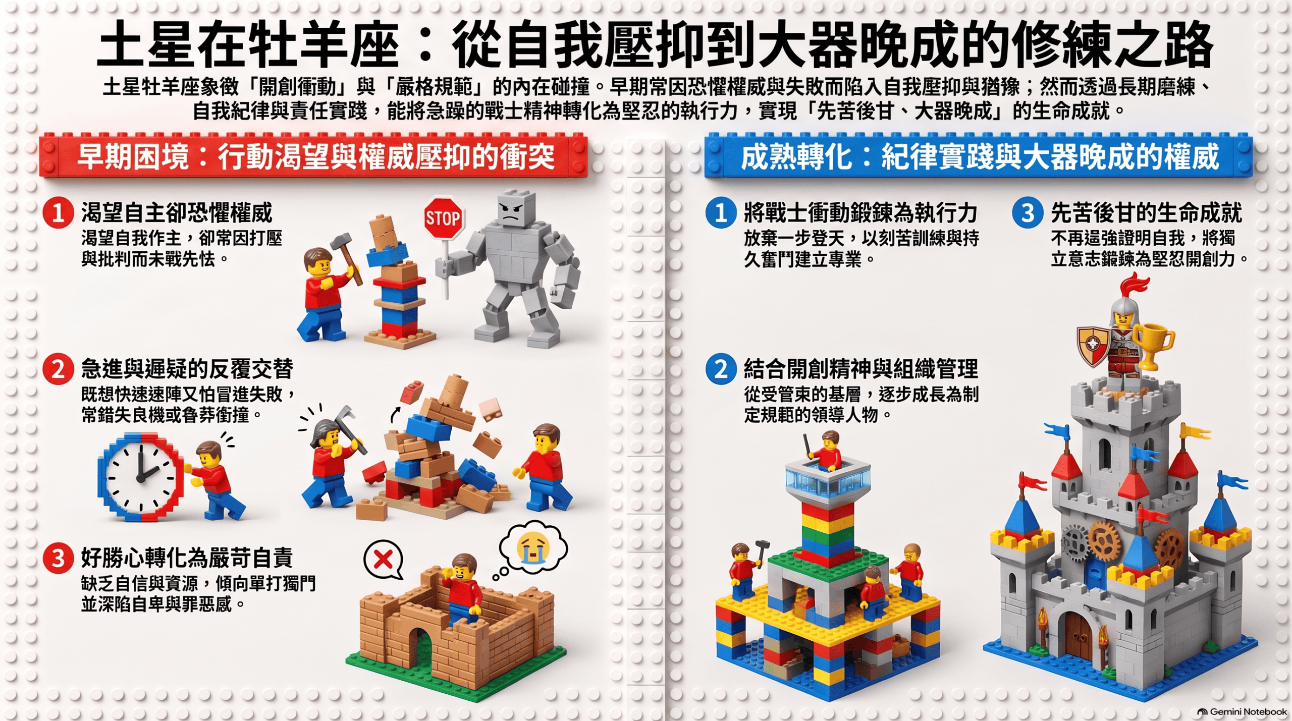 土星牡羊座修煉圖解：從權威壓抑、行動猶豫與好勝自責，逐步走向紀律實踐和大器晚成
