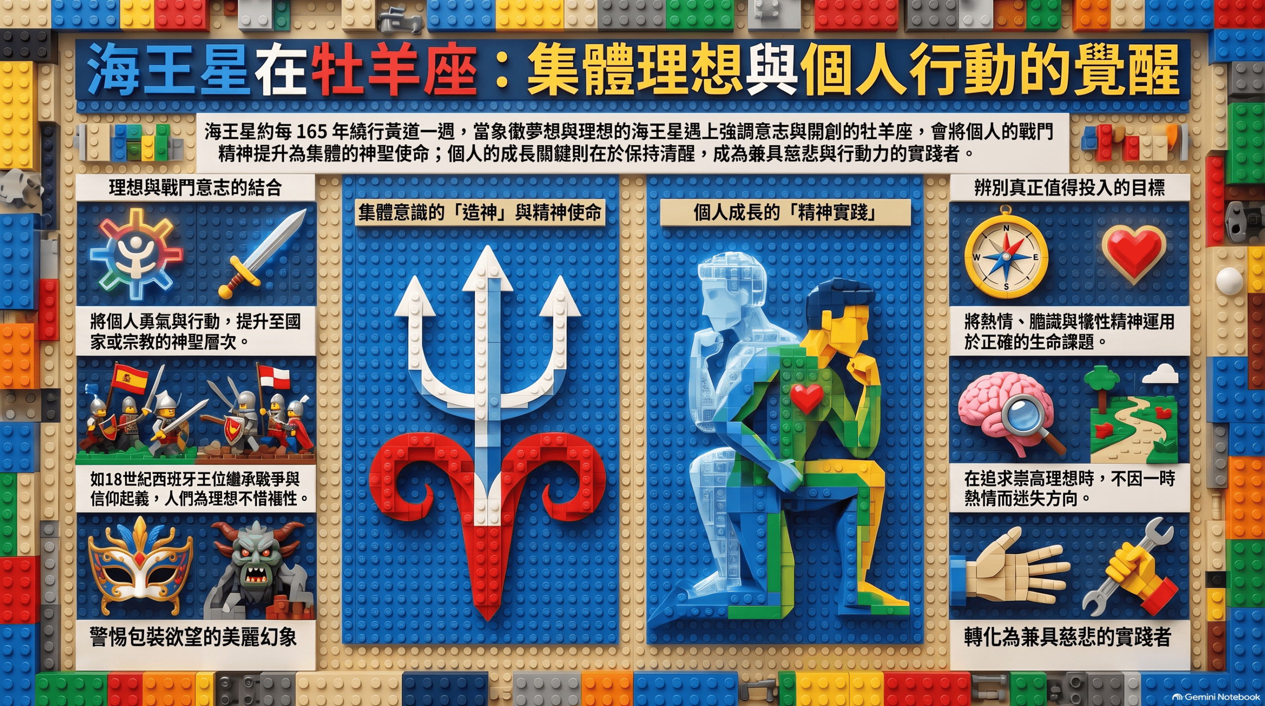 海王星在牡羊座積木風格圖解：集體理想與個人行動的覺醒