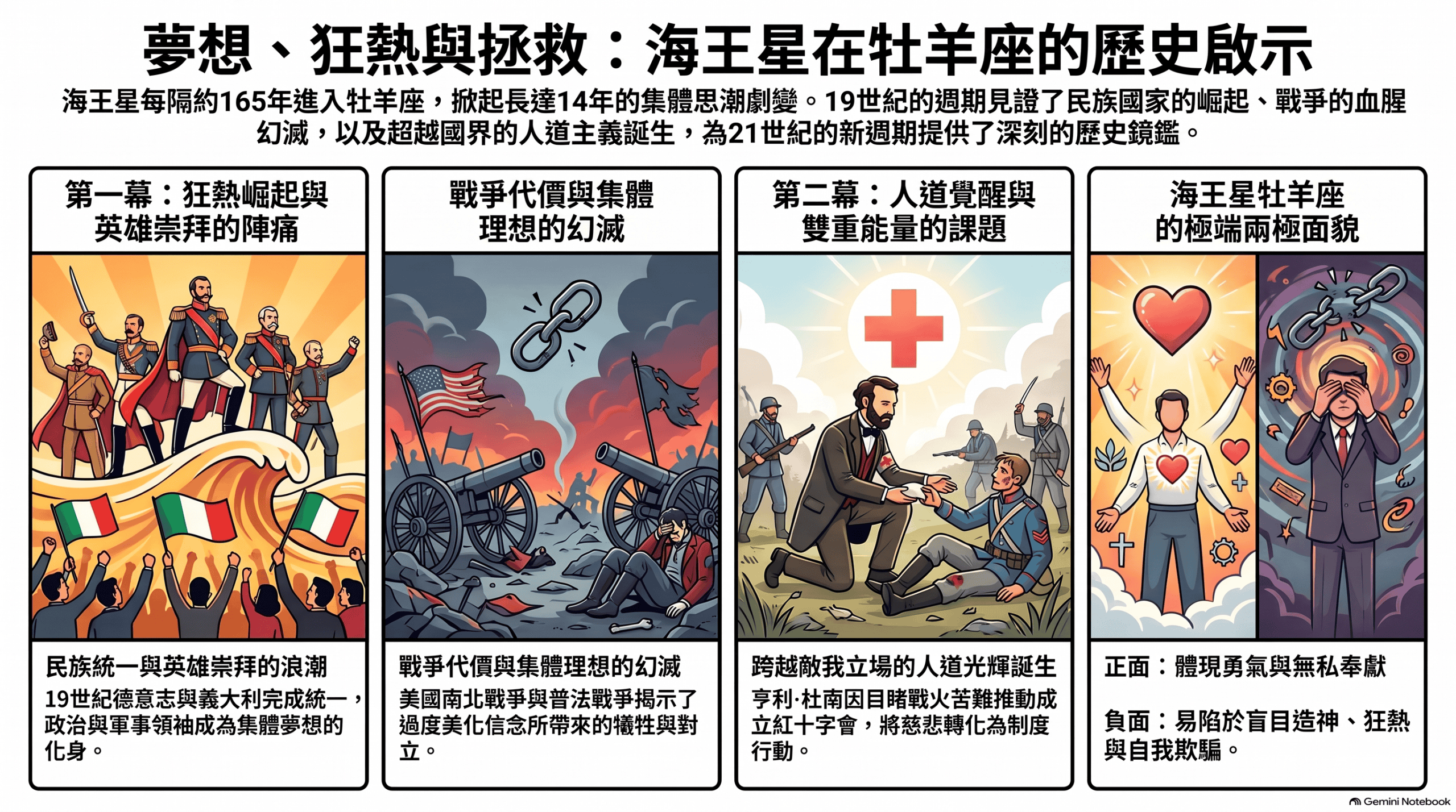 海王星在牡羊座的歷史啟示：民族理想、戰爭、紅十字人道精神與英雄崇拜